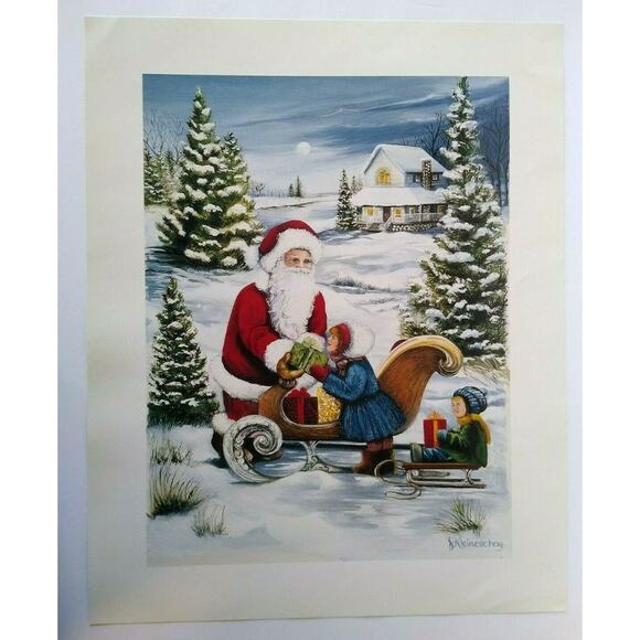 Santa Claus Sled Children Vintage Christmas Art Print J Kleineschay Winter Snow - Picture 2 of 7